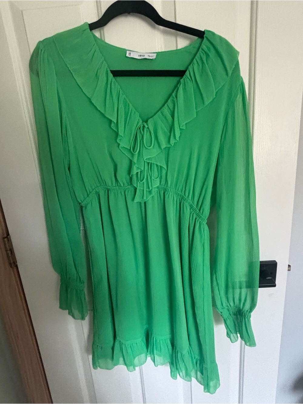 Mango Green Ruffle V-Neck Long Sleeve Girls Dress